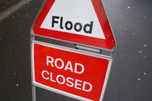 Flood signs in Morpeth, Northumberland, UK. Photographer Ian Britton